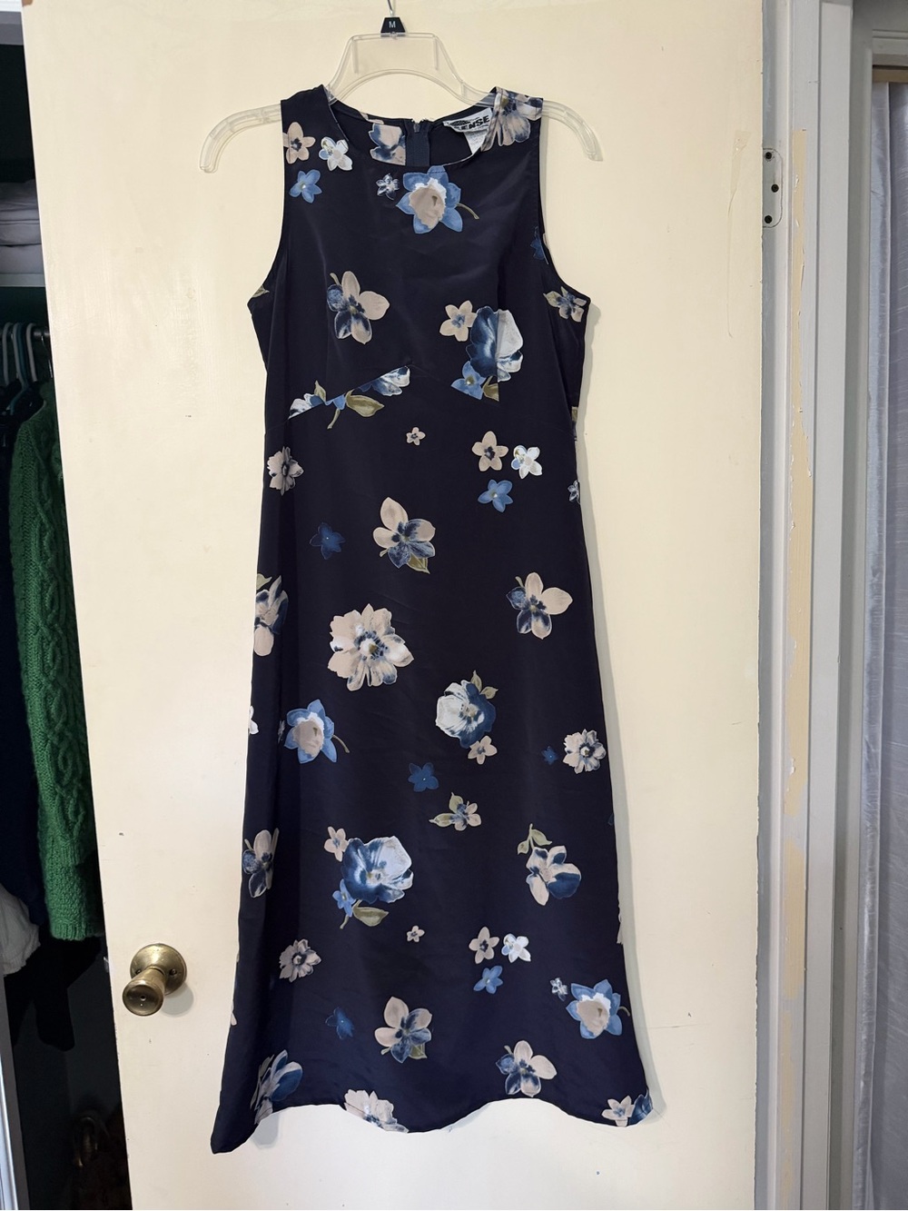 Sleeveless Navy Midi Dress with Blue & White Floral Print